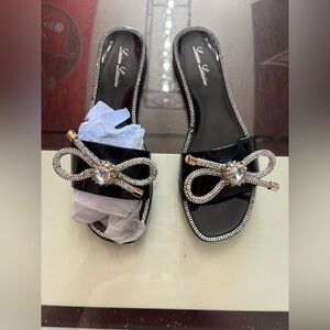 Lauren Lorraine Black Rhinestone Slide Sandals Bow Detail Size 6.5